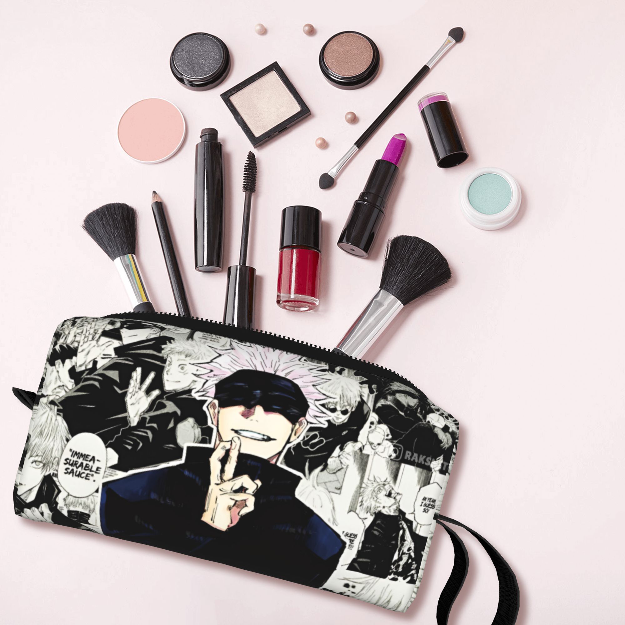 J Beauty Makeup - กระเป๋าเครื่องสำอางสำหรับเดินทาง J-Jujutsus K-Kaisens สำหรับผู้หญิง ลายการ์ตูนอนิเมะฮาราจูกุ กระเป๋าจัดระเบียบอุปกรณ์แต่งหน้า