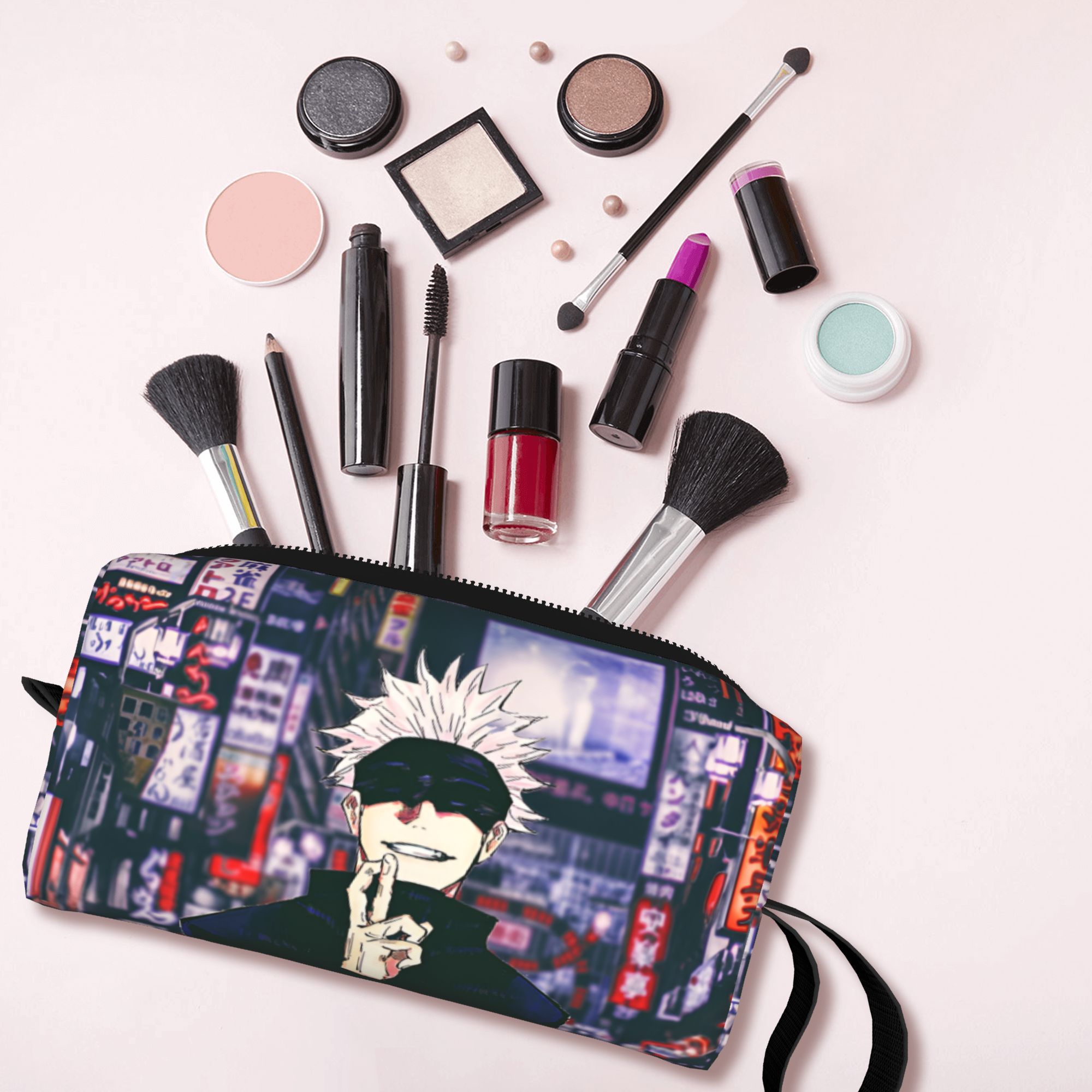J Beauty Makeup - กระเป๋าเครื่องสำอางแบบพกพาลาย J-Jujutsus K-Kaisens สำหรับผู้หญิง กระเป๋าใส่เครื่องสำอางลายภาพยนตร์คลาสสิก กระเป๋าจัดระเบียบอุปกรณ์อาบน้ำสำหรับสุภาพสตรี