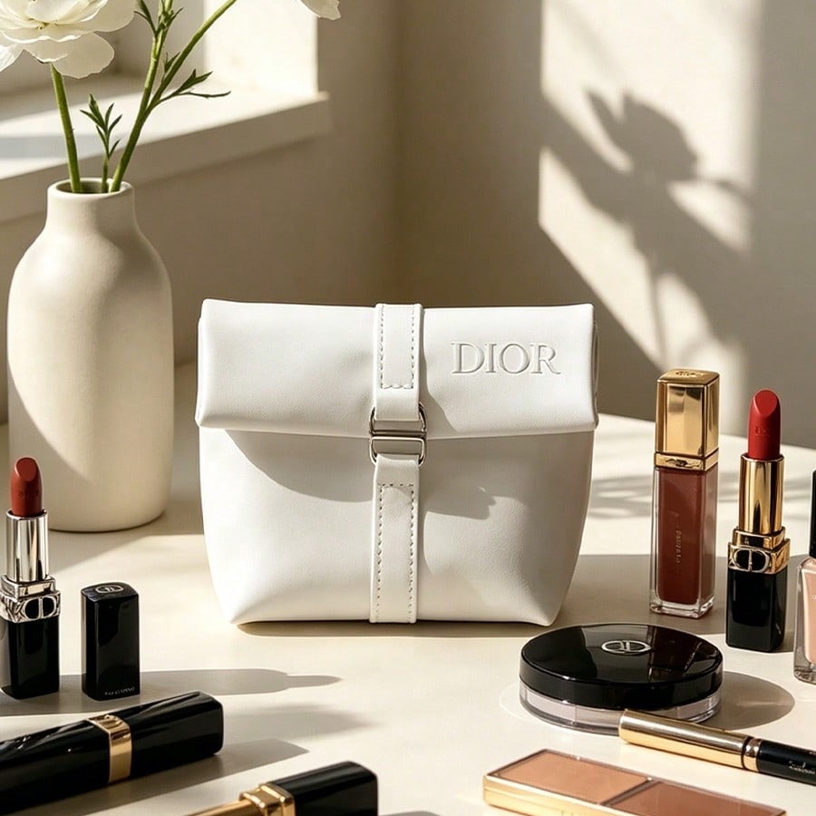 Beauty Makeup Dior - กระเป๋าดิออร์สีขาว กระเป๋าเครื่องสำอาง หรูหรา โลโก้ CD แบบนูน