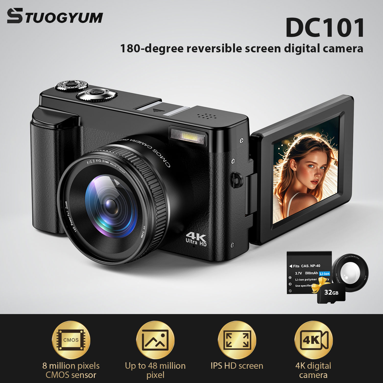 Beauty Makeup Camera - STUOGYUM 4K Vlogging กล้อง 48MP กล้องสําหรับถ่ายภาพพร้อมออโต้โฟกัสหน้าจอสัมผัส