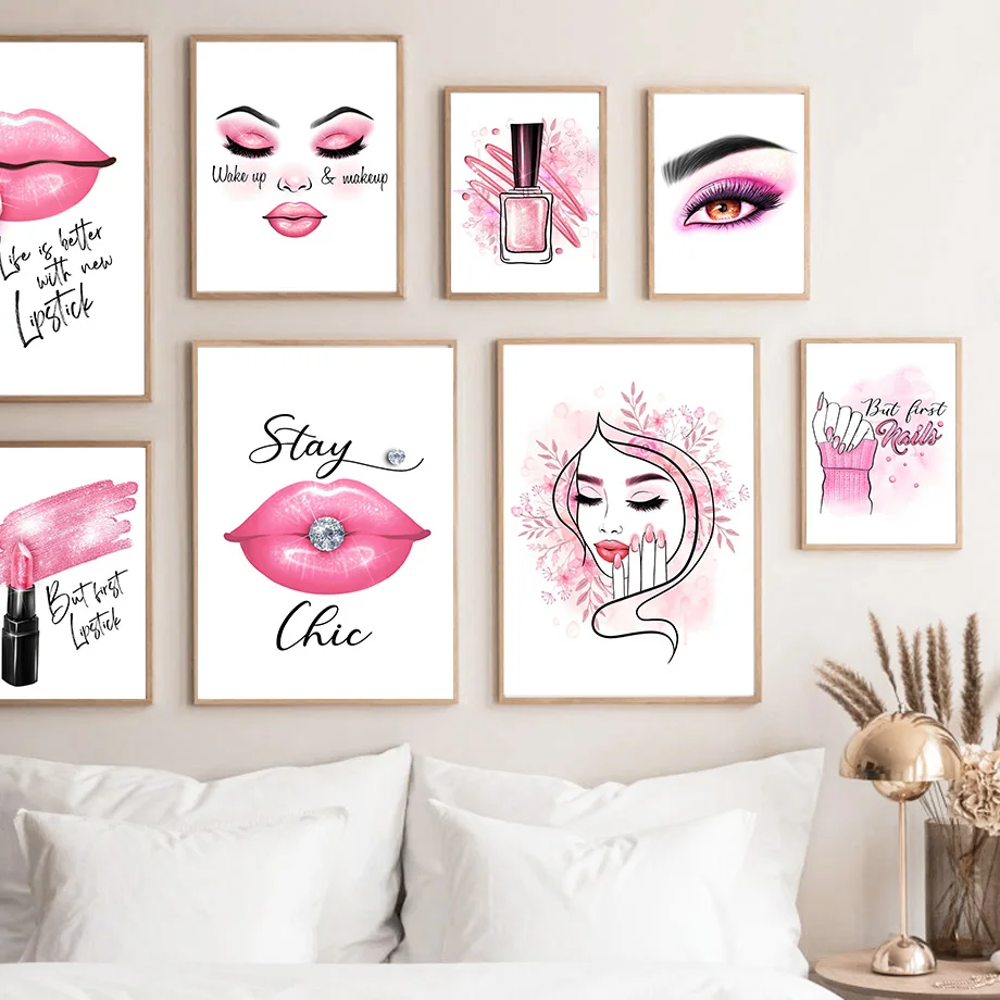 J Beauty Makeup - ภาพวาดบนผืนผ้าใบลายศิลปะความงาม ลิปสติก ยาทาเล็บ เครื่องสำอางสุดฮิต โปสเตอร์และภาพพิมพ์สไตล์นอร์ดิกสำหรับตกแต่งร้านเสริมสวย