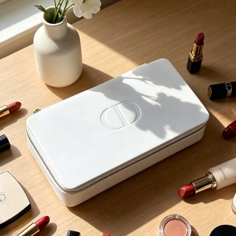 Beauty Makeup Dior - กระเป๋าดิออร์สีขาว กระเป๋าเครื่องสำอาง โลโก้ซีดีคลาสสิก กระเป๋าเก็บเครื่องสำอางแบบพกพา กันน้ำ แฟชั่น