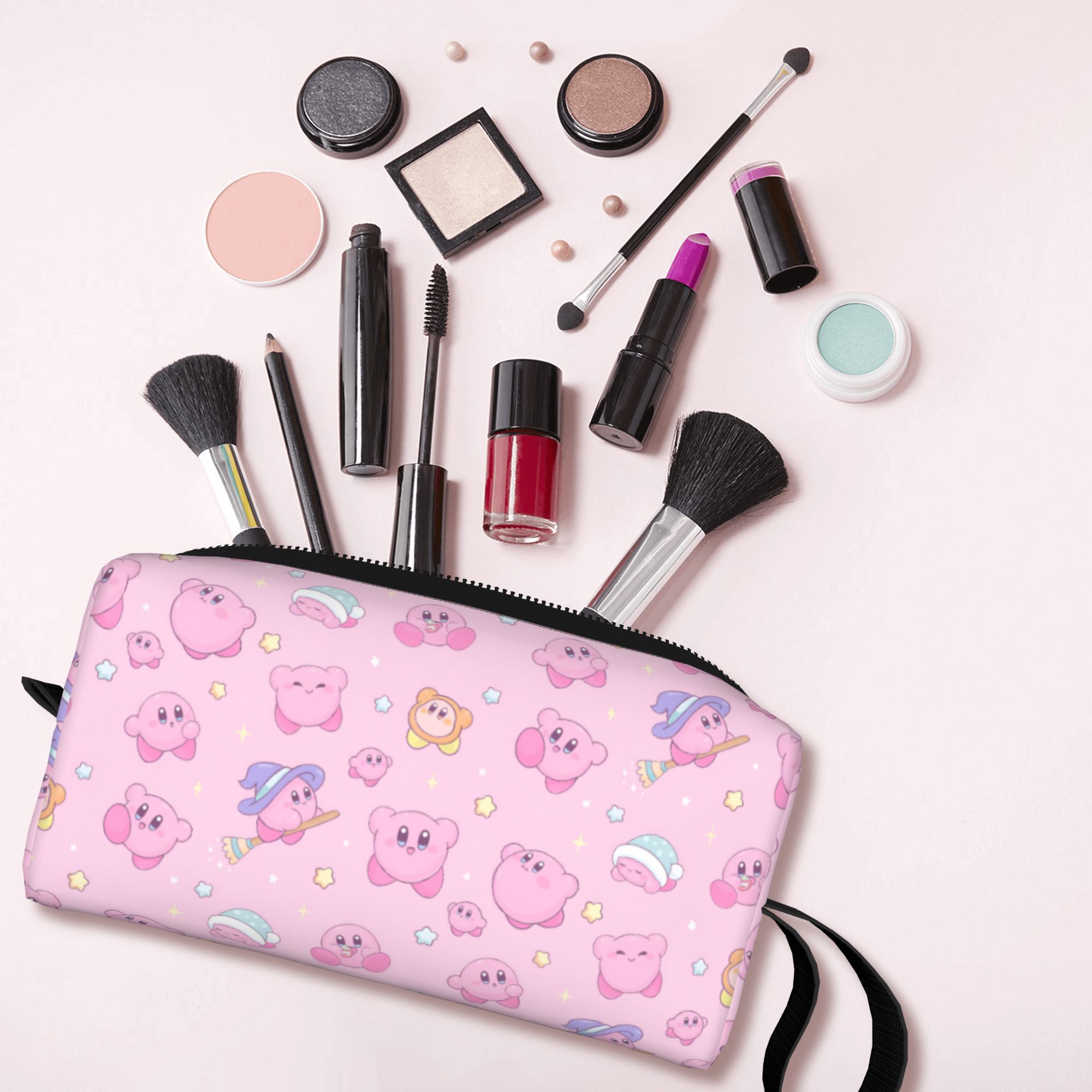 Beauty Makeup Games Free - กระเป๋าใส่เครื่องสำอางแบบพกพาลายการ์ตูนคิร์บี้สุดน่ารักสำหรับผู้หญิง กระเป๋าเครื่องสำอางสำหรับเก็บของใช้ในห้องน้ำ