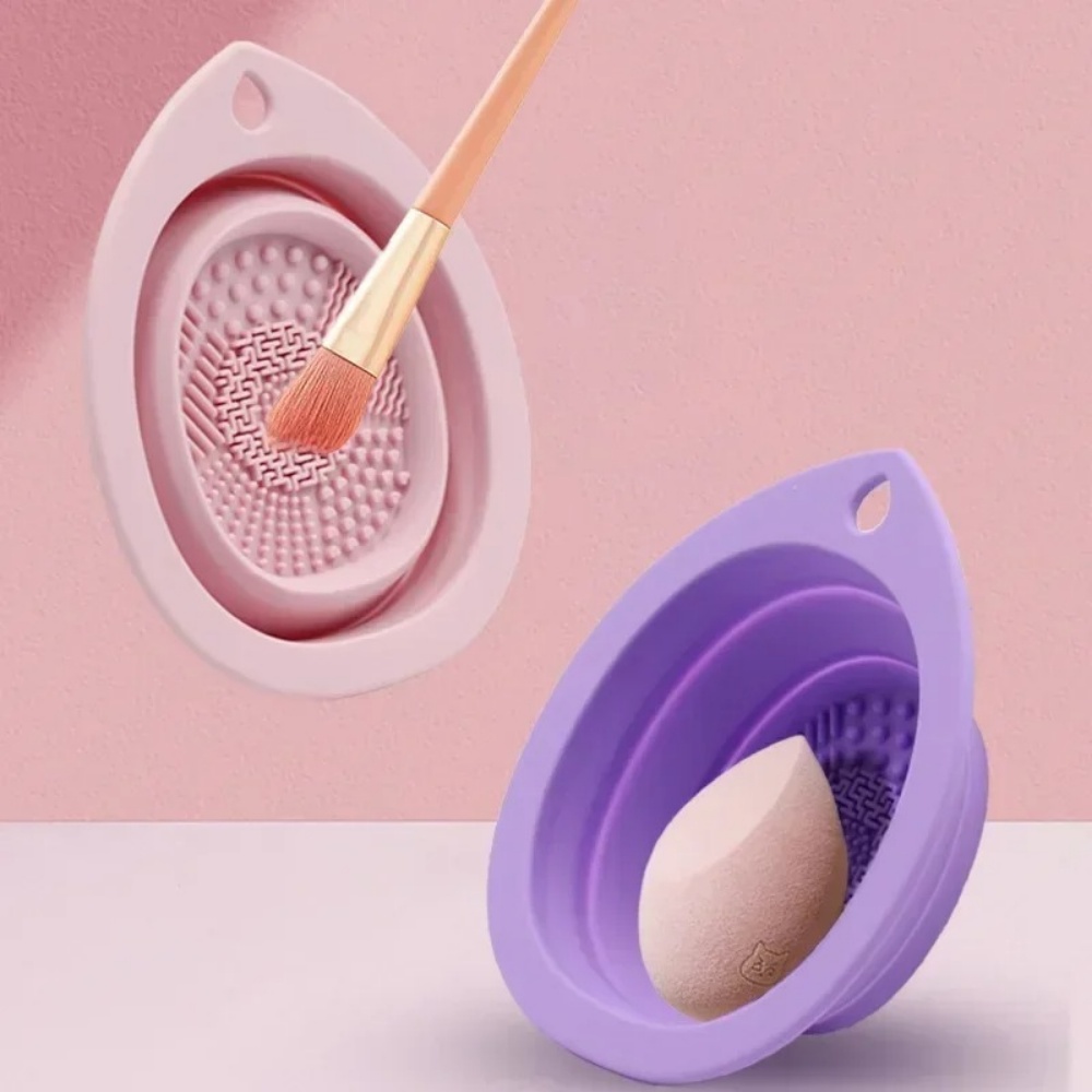 Makeup Brush Set - ชามทำความสะอาดแปรงแต่งหน้าซิลิโคน แผ่นขัดล้างแบบพับได้ เครื่องมือทำความสะอาดแปรงเครื่องสำอางแบบพกพา ฟองน้ำสำหรับแปรงแต่งหน้า